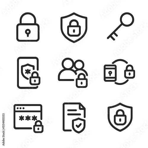 Security Tool Icons. Outline icon set of security and privacy tools: lock padlock, encrypted shield, password key, two-factor auth