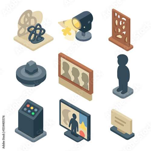 Shadow Art Installations. Isometric Flat icon set of shadow art installations: abstract shadow sculpture, light projection lamp,