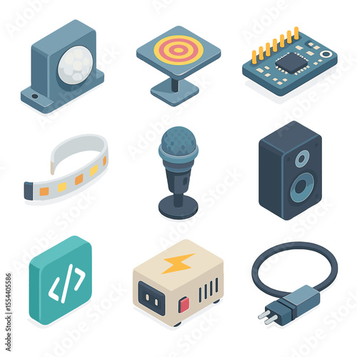 Sensor Technology Icons. Isometric Flat icon set of sensor-based interactive sculptures: motion sensor, proximity sensor,
