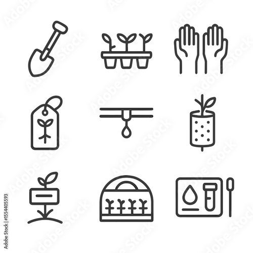 Reforestation Icon Set. Outline icon set of reforestation efforts: planting shovel, seedling tray, volunteer hands, tree tag, drip