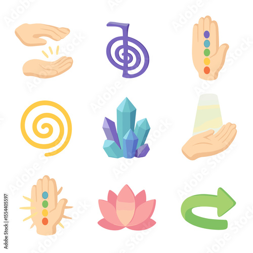 Reiki Healing Icon Set. Isometric Flat icon set of reiki and healing energy: reiki healing hands, Cho Ku Rei symbol, healing palm