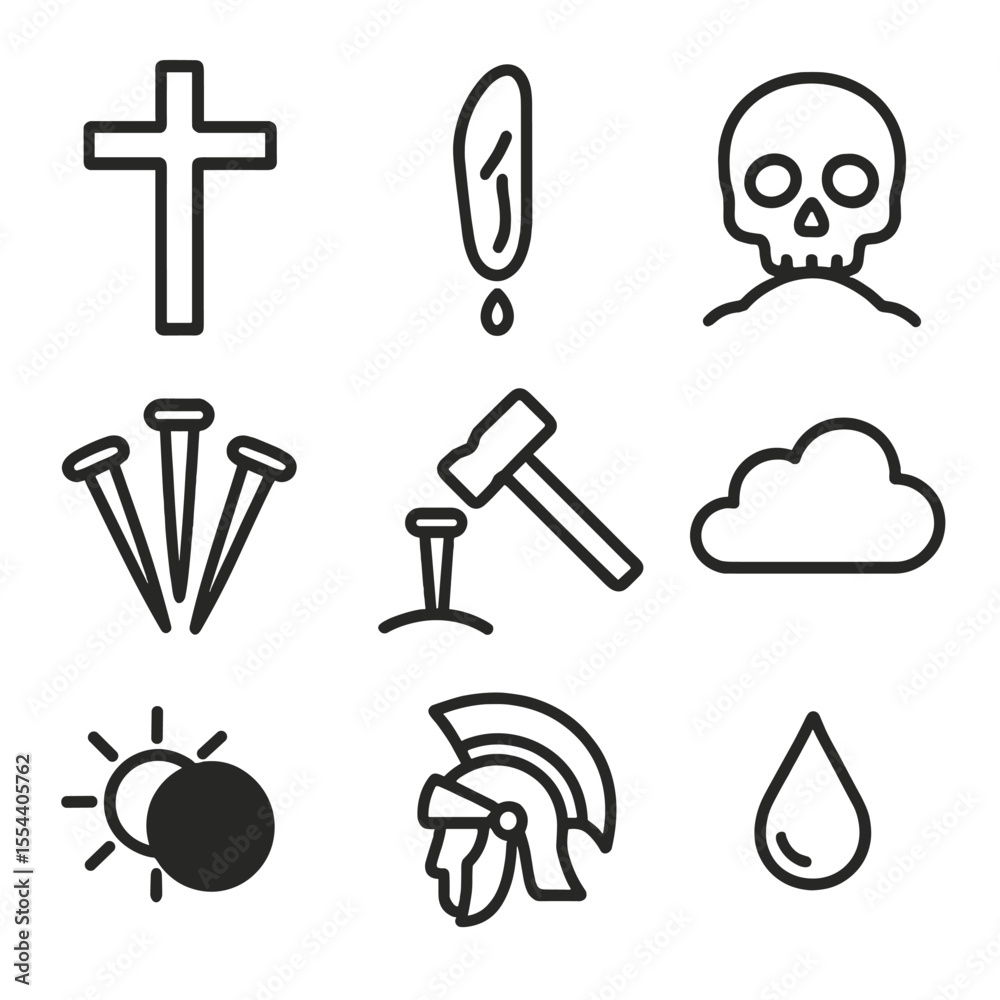 Obraz premium Crucifixion Symbols Icons. Outline icon set of Symbols of the Crucifixion: crucifix silhouette, bleeding wound, skull at Golgotha,