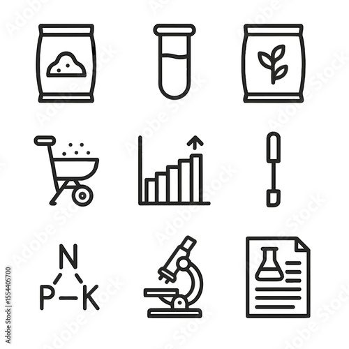 Soil Management Icons. Outline icon set of soil and nutrient management: soil sample bag, test tube, fertilizer bag, spreader, pH
