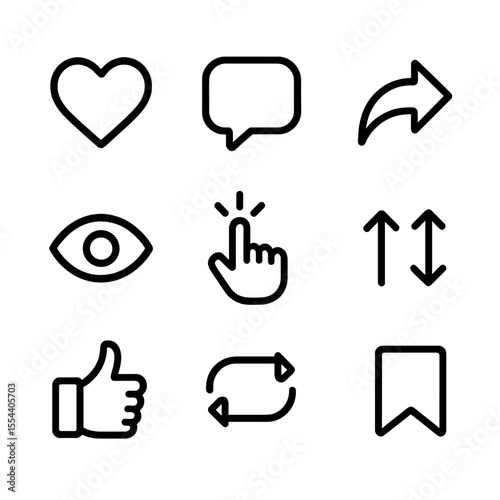 Social Media Icons. Outline icon set of engagement metrics: heart like, comment bubble, share arrow, click cursor, impression eye,