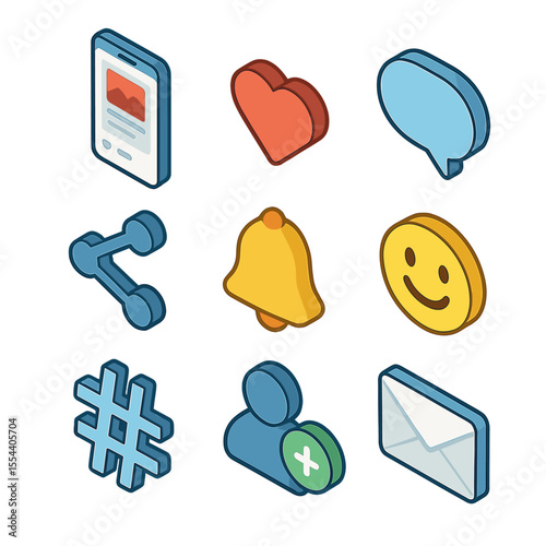Social Media Icons. Isometric Flat icon set of social media interactions: smartphone showing social media feed, like button,