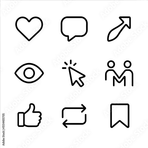 Social Media Icons. Outline icon set of engagement metrics: heart like, comment bubble, share arrow, click cursor, impression eye,