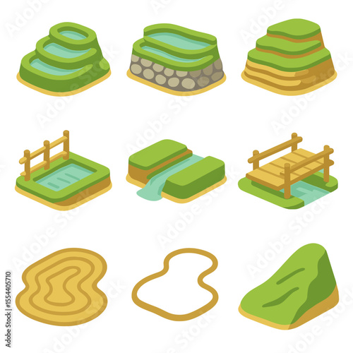 Rice Terrace Icon Set. Isometric Flat icon set of rice paddy terrace architecture: tiered levels, stone retaining wall, mud