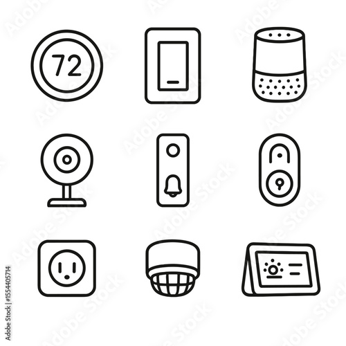 Smart Home Icons. Outline icon set of smart home interior devices: smart thermostat, smart light switch, voice assistant speaker,