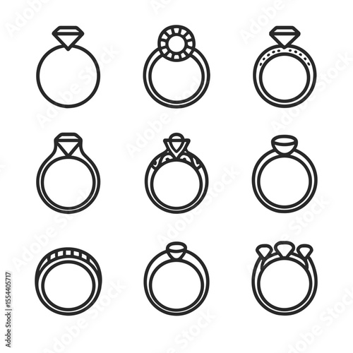 Ring Design Icons. Outline icon set of ring design styles: solitaire ring, halo ring, pavé band, cathedral setting, vintage