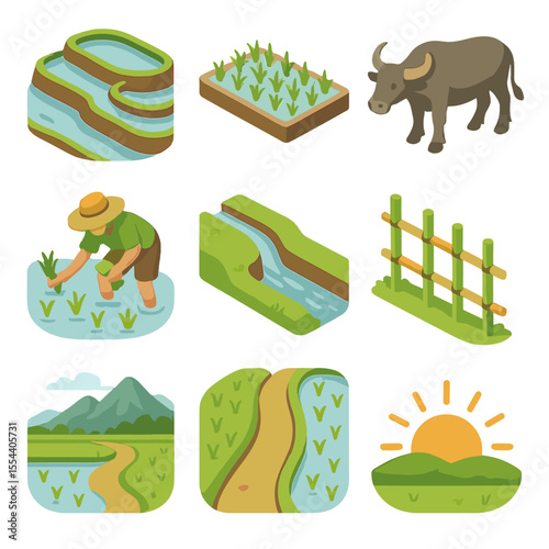 Rice Paddy Icon Set. Isometric Flat icon set of rice paddy landscape: flooded terraces, seedling trays, water buffalo, farmer