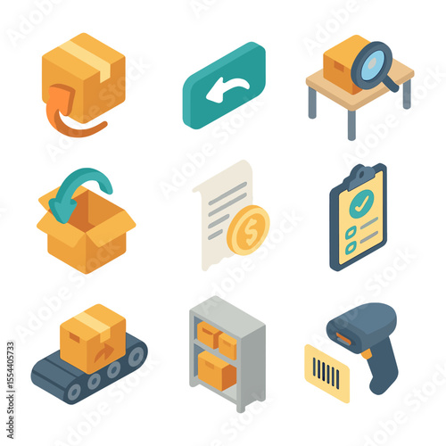 Returns Icon Set. Isometric Flat icon set of returns and reverse logistics: return box, “return” label, inspection table, opened