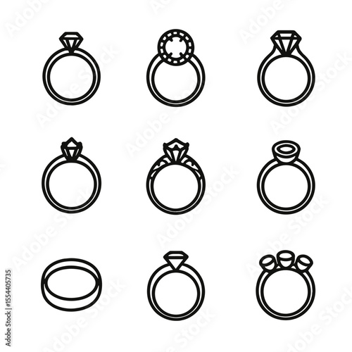 Ring Design Icons. Outline icon set of ring design styles: solitaire ring, halo ring, pavé band, cathedral setting, vintage