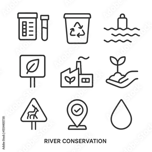 River Conservation Icons. Outline icon set of River Conservation: water testing kit, recycling bin, pollution barrier,