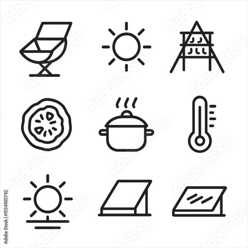 Solar Cooking Icons. Outline icon set of solar cooking and drying: solar cooker panel, reflective dish, sun icon, drying rack, sun