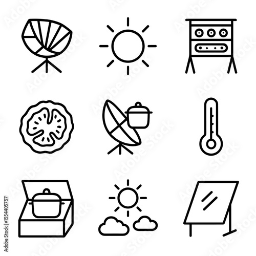 Solar Cooking Icons. Outline icon set of solar cooking and drying: solar cooker panel, reflective dish, sun icon, drying rack, sun