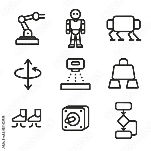 Robotics Icon Set. Outline icon set of robotics and CG: robot arm base, humanoid robot standing, legged robot silhouette, rotation