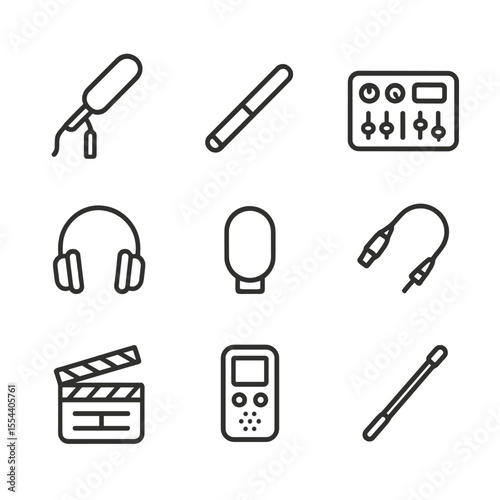 Sound Recording Icon Set. Outline icon set of Sound Recording and Boom Operation: boom microphone, shotgun mic, field mixer,