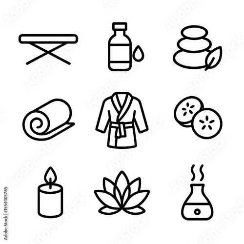 Spa Icons Set. Outline icon set of spa treatment essentials: massage table, oil bottle, hot stones, towel roll, robe, cucumber