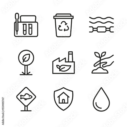 River Conservation Icons. Outline icon set of River Conservation: water testing kit, recycling bin, pollution barrier,