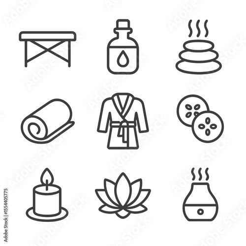 Spa Icons Set. Outline icon set of spa treatment essentials: massage table, oil bottle, hot stones, towel roll, robe, cucumber