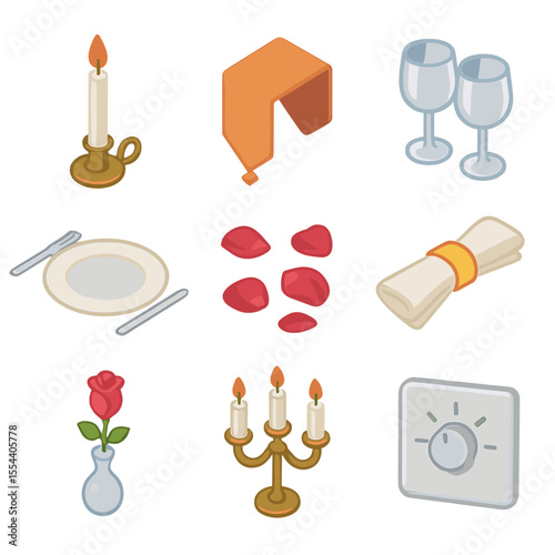 Romantic Dinner Icons. Isometric Flat icon set of romantic dinner table lighting: taper candle in holder, table runner, wine