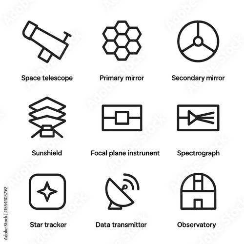Space Telescope Icons. Outline icon set of Space Telescopes and Observatories: space telescope silhouette, primary mirror,