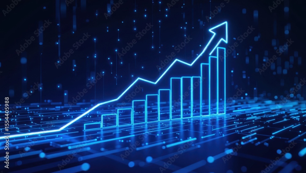 Naklejka premium Digital neon blue bar graph with upward trend arrow and data points on a dark futuristic background