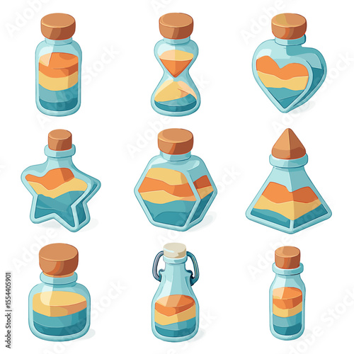 Sand Art Icon Collection. Isometric Flat icon set of sand art bottle shapes: cylindrical bottle, hourglass bottle, heart-shaped