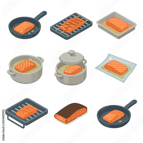 Salmon Cooking Icon Set. Isometric Flat icon set of salmon cooking techniques: pan-fried fillet, grilled fillet, baked fillet,