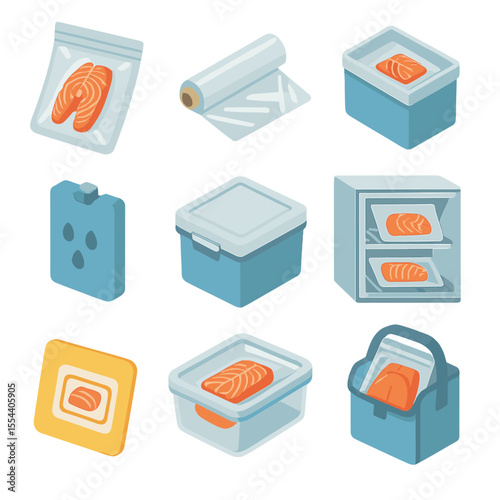 Salmon Storage Icons. Isometric Flat icon set of salmon fillet packaging and storage: vacuum-sealed bag, plastic wrap roll,
