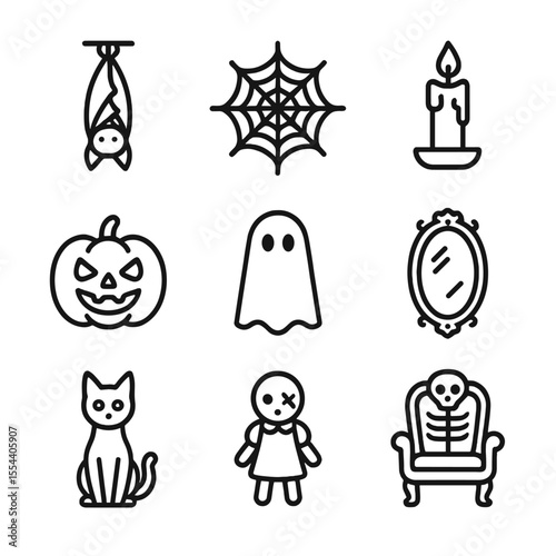 Spooky Icons Set. Outline icon set of Spooky Home Decor Elements: hanging bat, cobweb, flickering candle, jack-o’-lantern, ghost