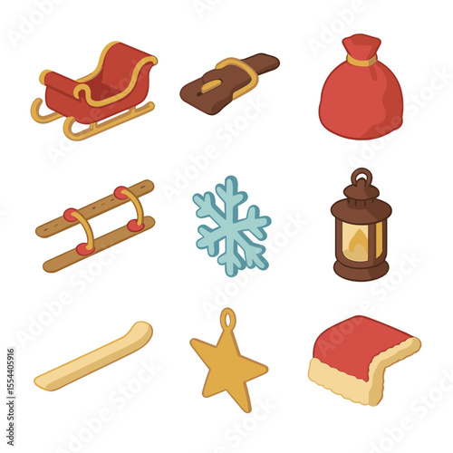 Santa's Sleigh Icons. Isometric Flat icon set of Santa’s sleigh preparations: sleigh, harness buckle, gift sack, reindeer reins,