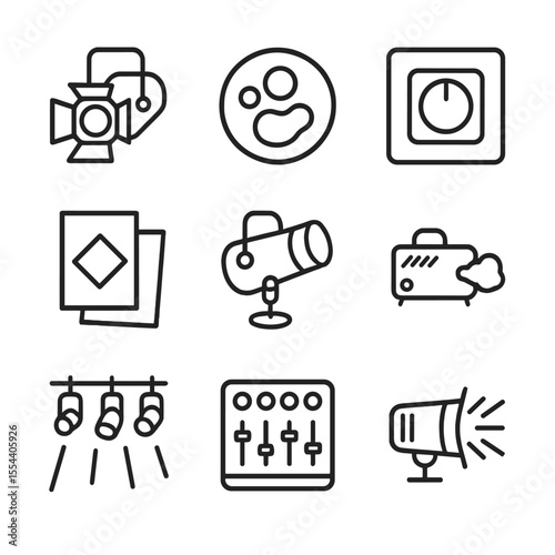 Stage Lighting Icons. Outline icon set of stage lighting and effects: stage light, gobo pattern, dimmer switch, colored gel,
