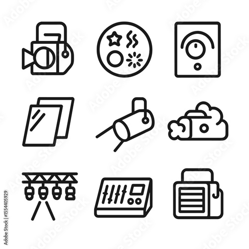 Stage Lighting Icons. Outline icon set of stage lighting and effects: stage light, gobo pattern, dimmer switch, colored gel,
