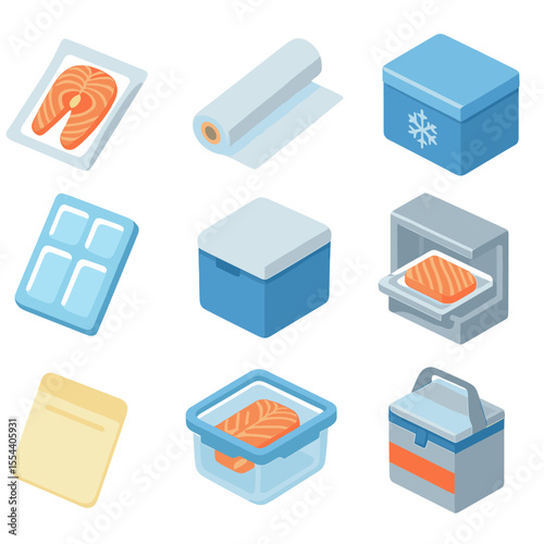 Salmon Storage Icons. Isometric Flat icon set of salmon fillet packaging and storage: vacuum-sealed bag, plastic wrap roll,