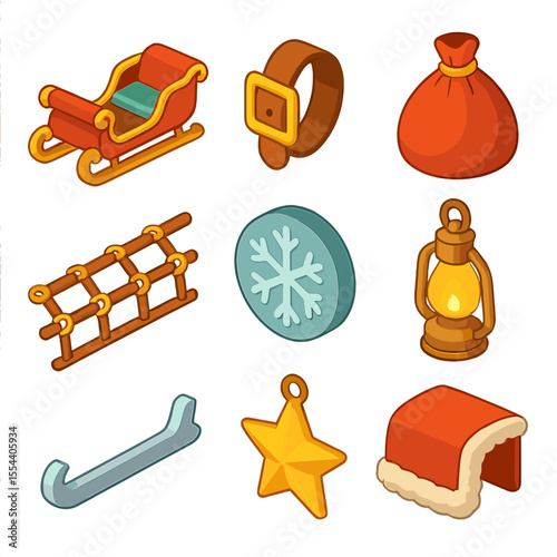 Santa's Sleigh Icons. Isometric Flat icon set of Santa’s sleigh preparations: sleigh, harness buckle, gift sack, reindeer reins,