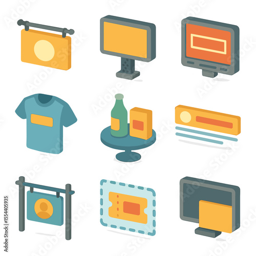 Sponsorship Icon Set. Isometric Flat icon set of sponsorship and ads: sponsor logo banner, billboard, commercial break sign,