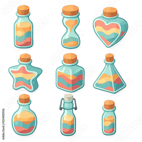 Sand Art Icon Collection. Isometric Flat icon set of sand art bottle shapes: cylindrical bottle, hourglass bottle, heart-shaped