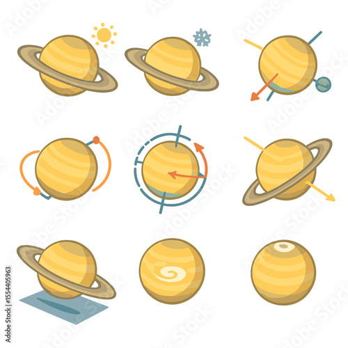 Saturnian Seasonal Icons. Isometric Flat icon set of Saturnian seasonal changes: northern summer icon, southern winter icon,
