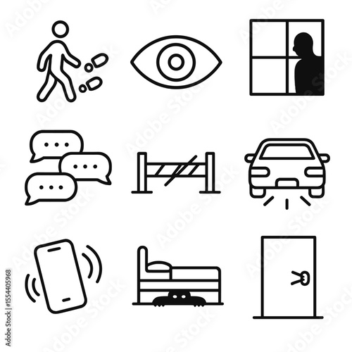 Stalking Awareness Icons. Outline icon set of Stalking and Harassment: footsteps behind a person, watchful eye, silhouette peering