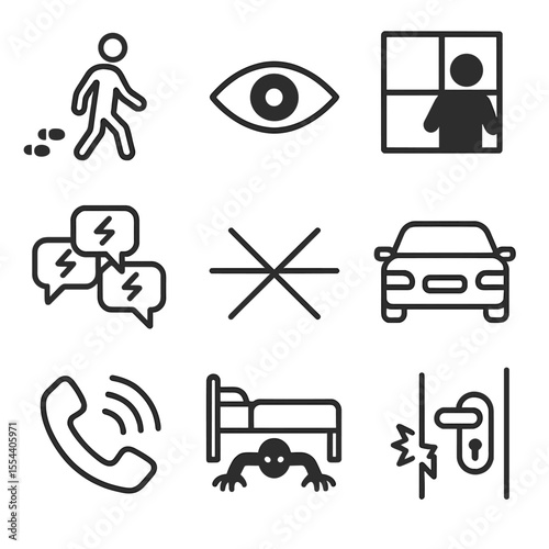 Stalking Awareness Icons. Outline icon set of Stalking and Harassment: footsteps behind a person, watchful eye, silhouette peering