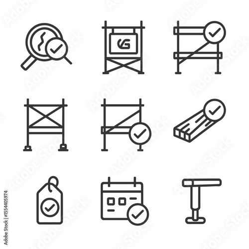 Scaffold Inspection Icons. Outline icon set of Scaffold Inspection and Compliance Checklist: visual damage check, load capacity