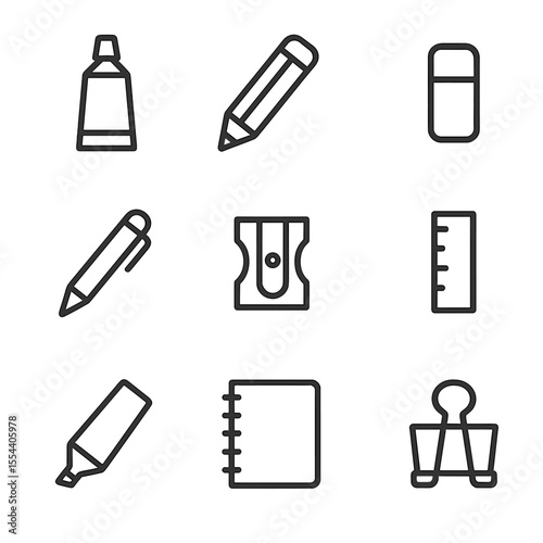 Stationery Icon Grid. Outline icon set of stationery items: glue tube, pencil, eraser, pen, sharpener, ruler, highlighter,