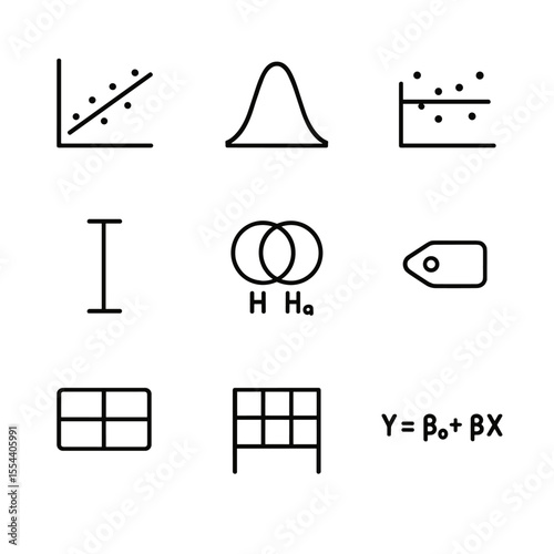 Statistical Modeling Icons. Outline icon set of Statistical Modeling Techniques: regression line, probability distribution curve,