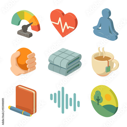 Stress Management App Icons. Isometric Flat icon set of stress and anxiety management apps: stress meter gauge, irregular