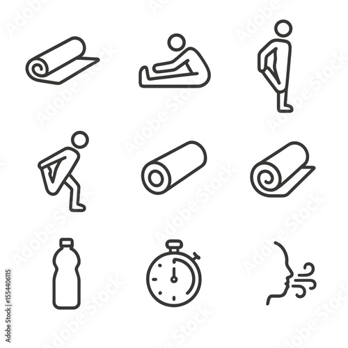Stretching Icon Set. Outline icon set of stretching and cool-down routine: yoga mat, hamstring stretch silhouette, quad stretch,