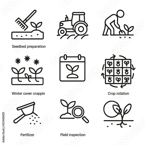 Seasonal Field Icons. Outline icon set of seasonal field tasks: seedbed preparation, spring plowing, summer weeding, autumn