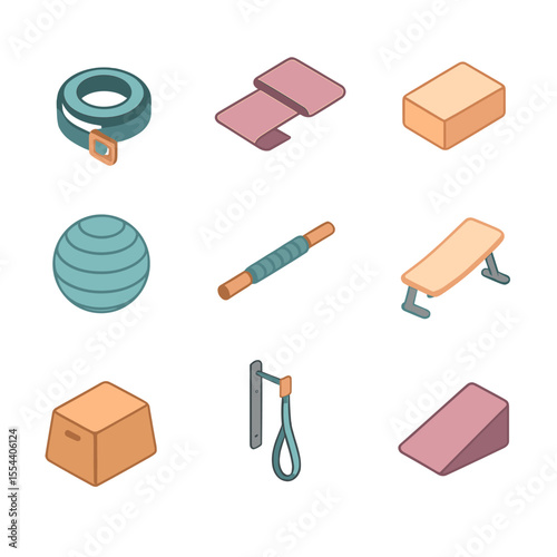 Stretching Equipment Icons. Isometric Flat icon set of equipment for stretching: yoga strap, resistance band, stretching block,