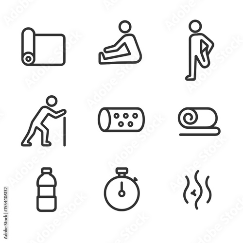 Stretching Icon Set. Outline icon set of stretching and cool-down routine: yoga mat, hamstring stretch silhouette, quad stretch,