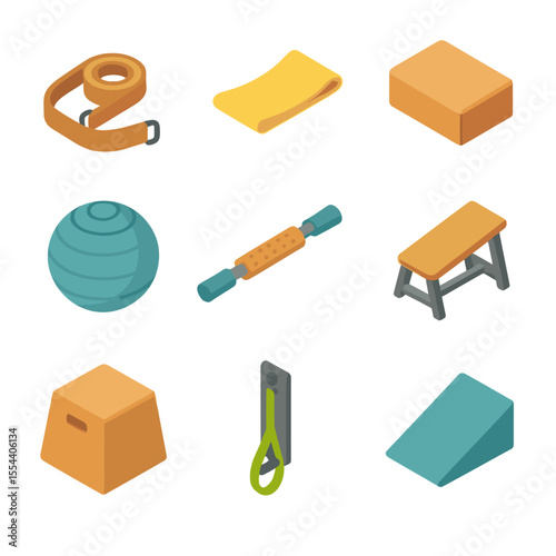 Stretching Equipment Icons. Isometric Flat icon set of equipment for stretching: yoga strap, resistance band, stretching block,